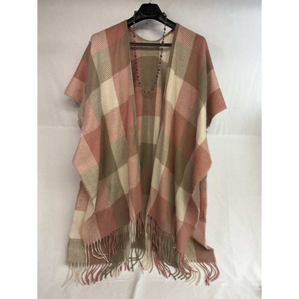 Woolrich Luxe Oversize Plaid Fringe Blanket Shawl Wrap Pink Poncho Cape OS